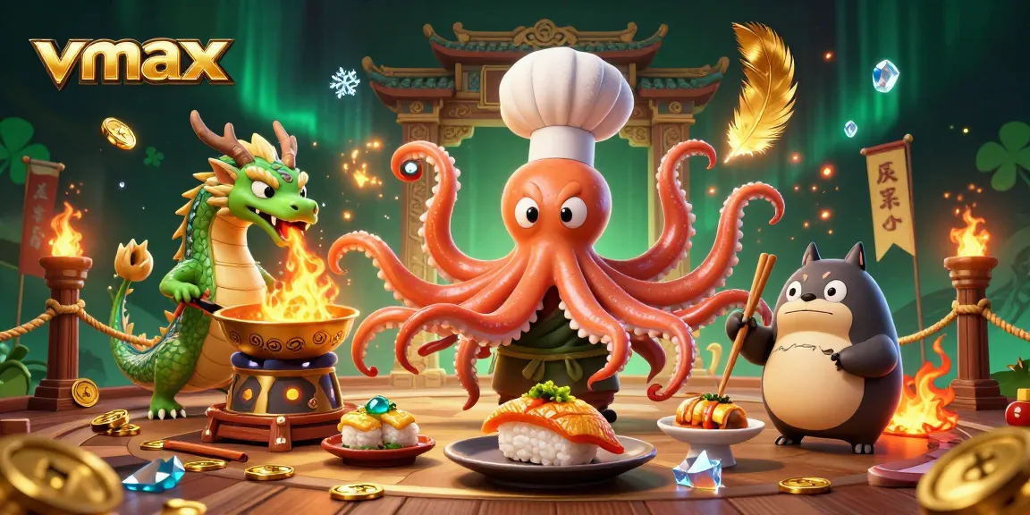Experience vmax casino excitement with a fiery dragon and animated characters in a vibrant 3D setting.