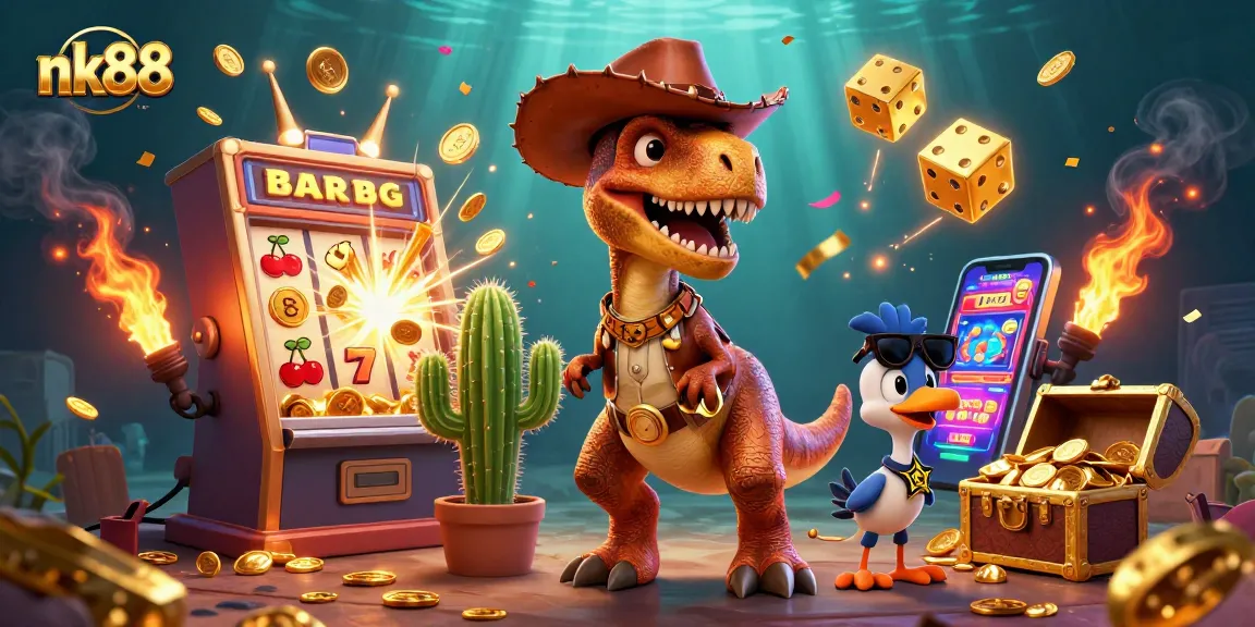 Spin to win at nk88 with a T-Rex cowboy and friends amidst jackpot excitement!