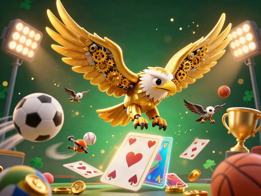 Experience thrilling gameplay with sonclub as a golden eagle dives through cards and sports elements.