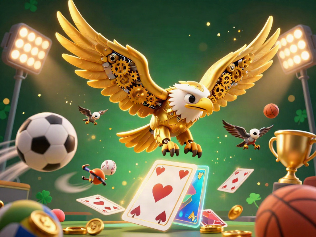 Experience thrilling gameplay with sonclub as a golden eagle dives through cards and sports elements.