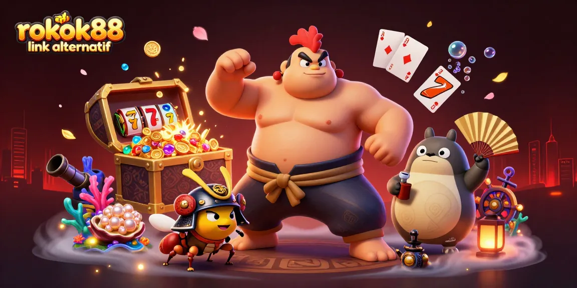 Engage in rokok88 link alternatif with a sumo wrestler rooster and samurai cricket in a vibrant casino scene.