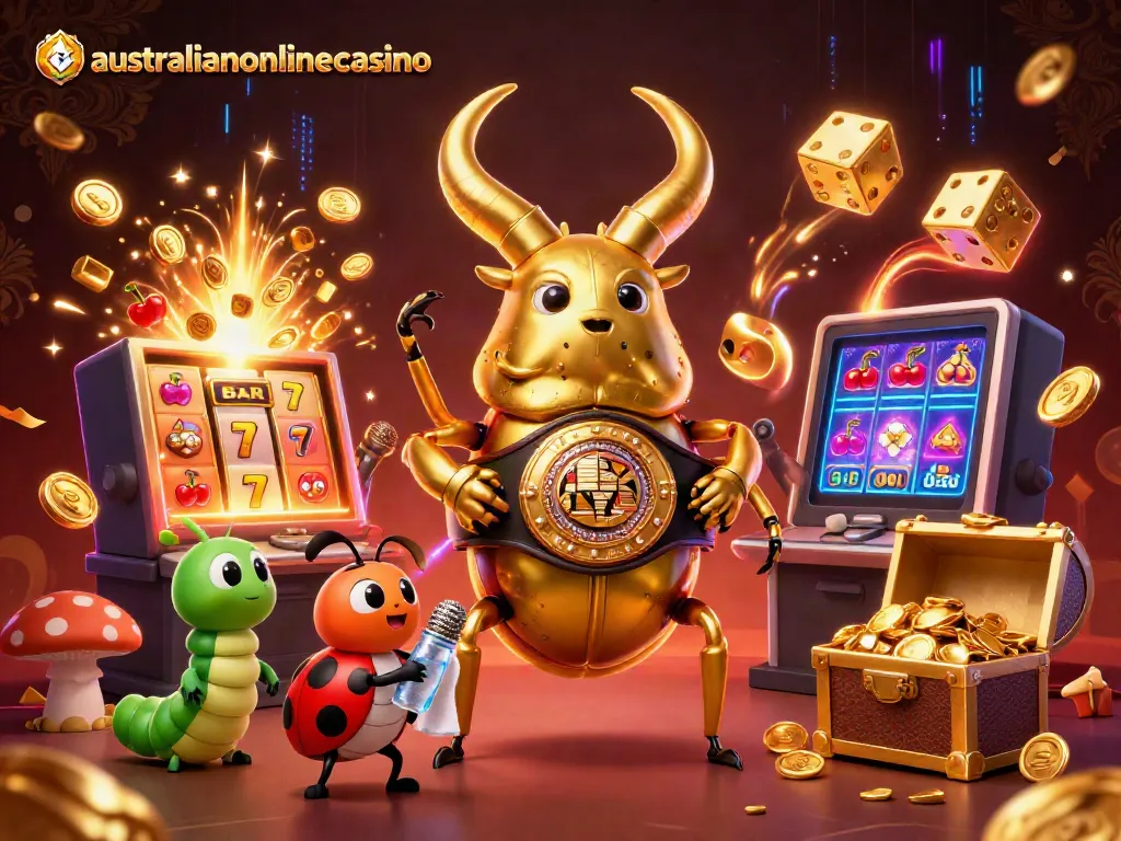 Experience the excitement of australianonlinecasino as a luminous stag beetle takes center stage in a vibrant casino illustration.