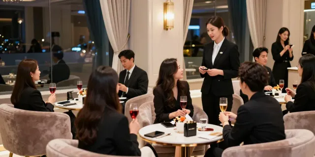 강남타이밍 쩜오의 고급스러운 내부에서 저녁 모임을 즐기는 모습