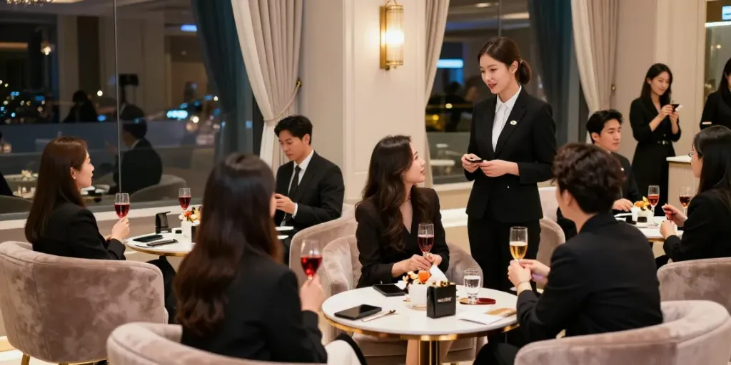 강남타이밍 쩜오의 고급스러운 내부에서 저녁 모임을 즐기는 모습