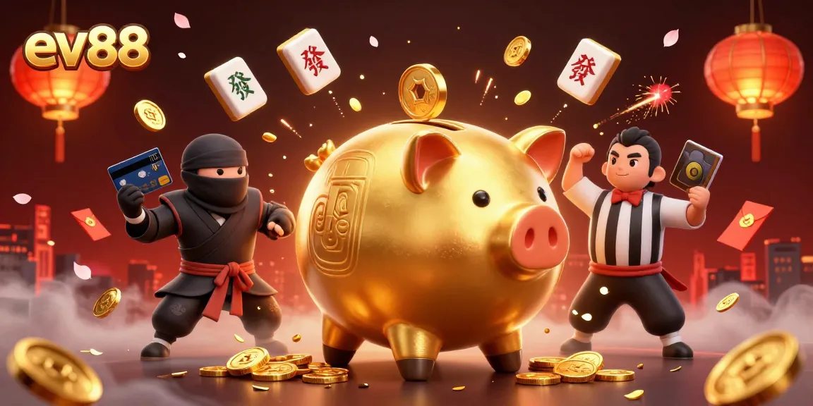 ev88 engages players with a golden piggy bank sumo wrestler surrounded by festive casino elements.