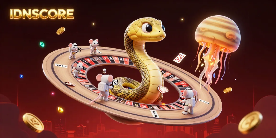 IDNSCORE showcases dynamic astronaut mice betting on a roulette wheel made from Saturn rings, emphasizing cosmic casino fun.
