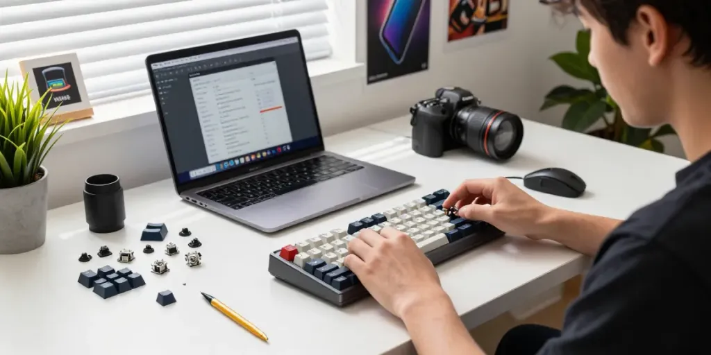 Wooting 60HE v2 case compatibility showcased in a home workspace with keyboard parts and tools.