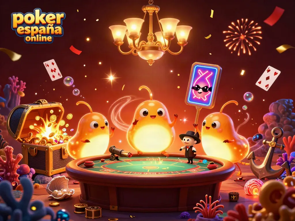 Juega al póker online en España en un casino lleno de personajes iluminados y emoción.