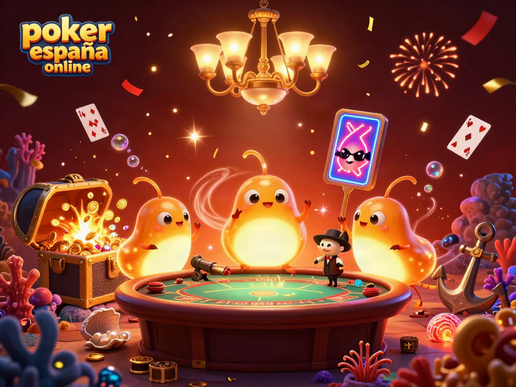 Juega al póker online en España en un casino lleno de personajes iluminados y emoción.