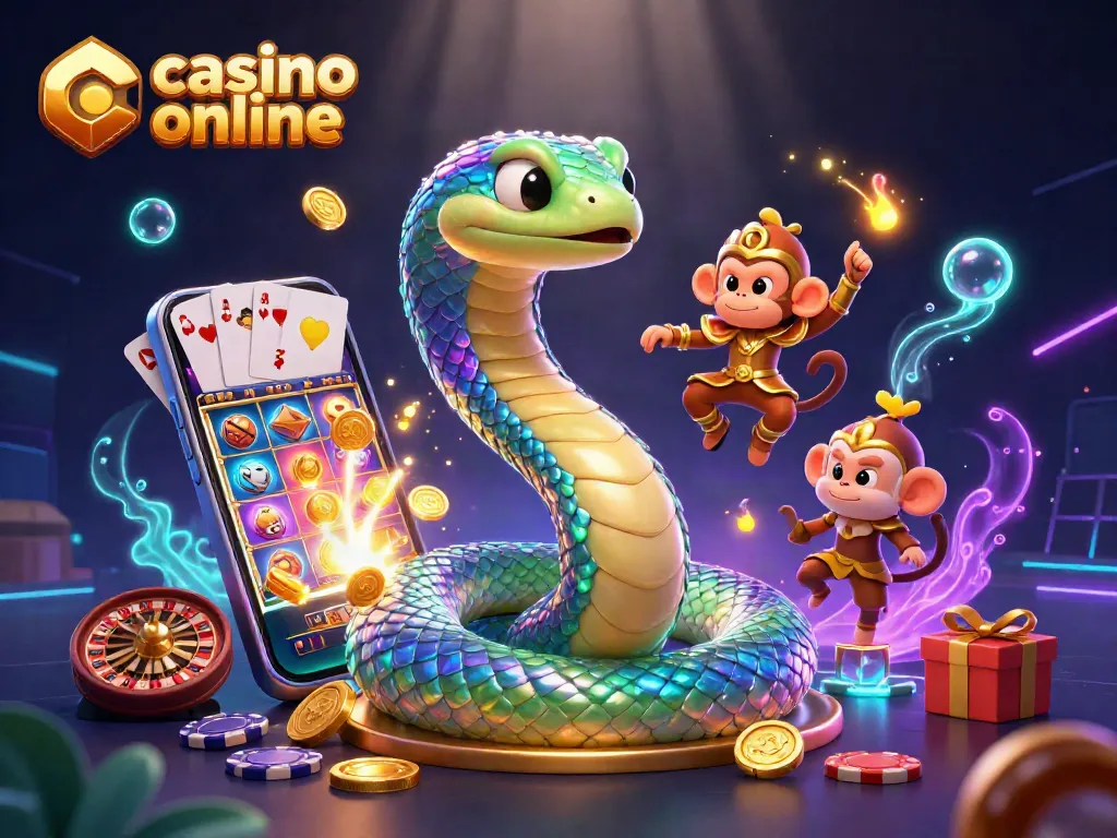 Gana en un casino online con esta ilustración vibrante y dinámica de tragamonedas y juegos de cartas.