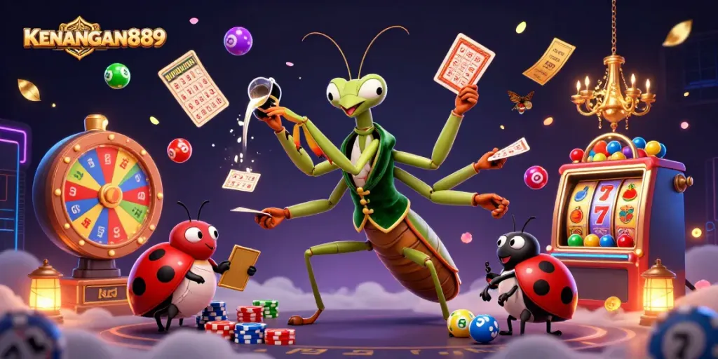 Experience the thrill of KENANGAN889 with a vibrant gambling scene featuring dynamic characters and elements.