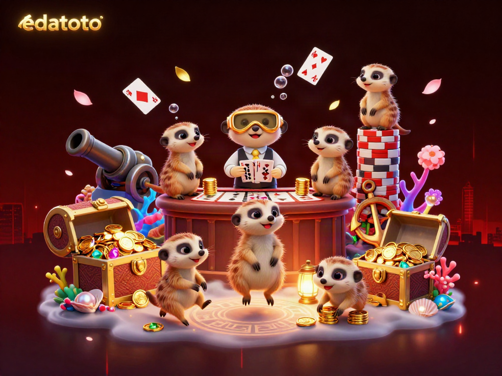 Experience the vibrant and fast-paced casino world of edatoto with a playful meerkat colony handling operations, showcasing a lively atmosphere filled with treasure and gaming elements.