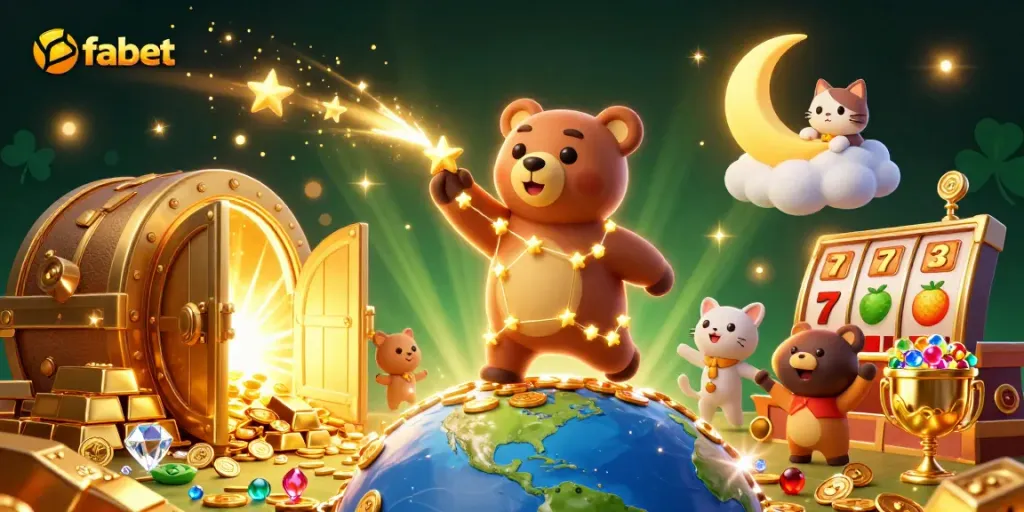 Spin to win with fabet in a vibrant 3D casino scene full of treasures and lucky symbols.