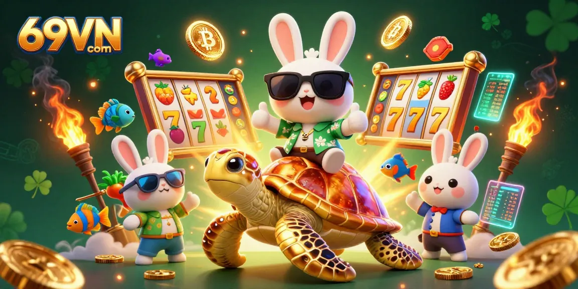 Play exciting slots with 69VN com while enjoying vibrant visuals of lucky characters and crypto elements.