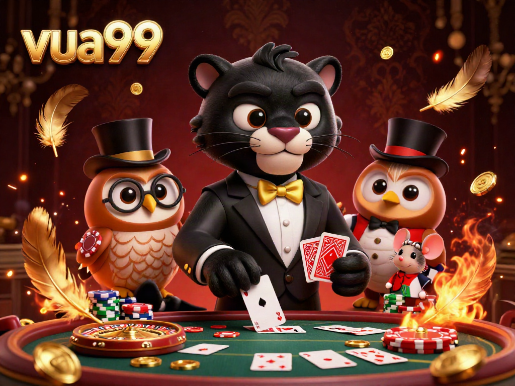 Engage in thrilling card games at VUA99 featuring stylish characters amidst a vibrant casino setting.