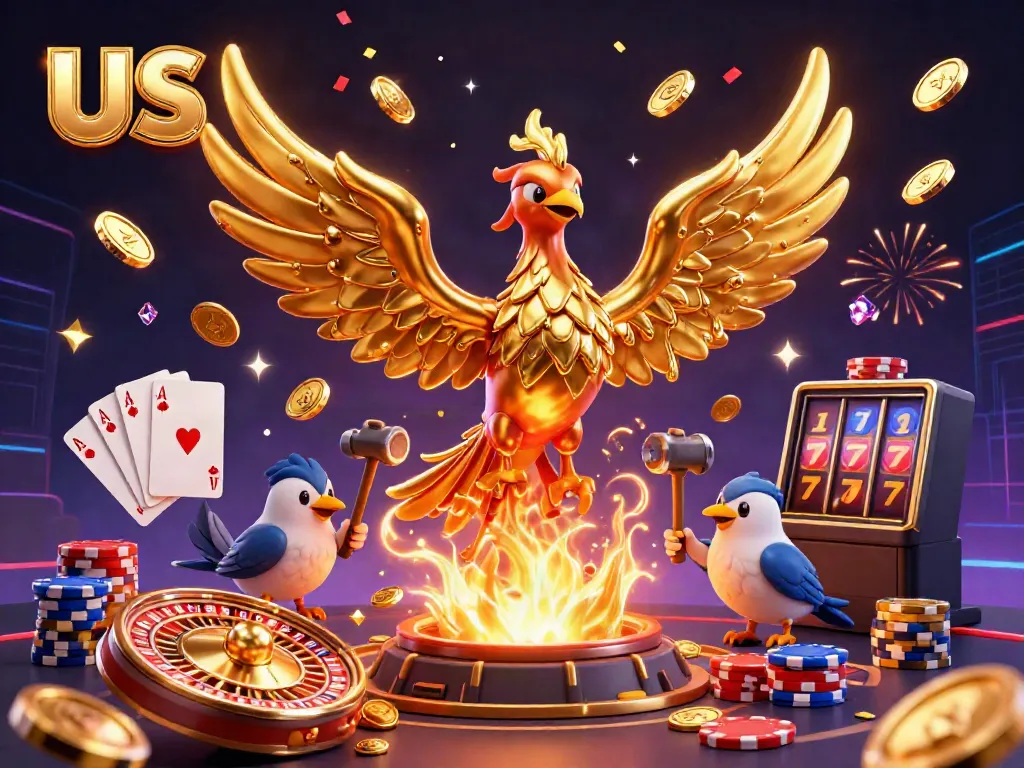 Experience winning moments with us as the molten phoenix heralds cascading coins in a lively casino atmosphere.