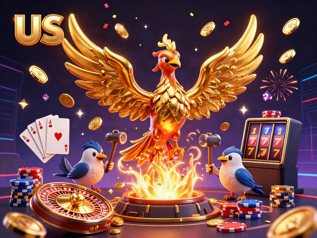 Experience winning moments with us as the molten phoenix heralds cascading coins in a lively casino atmosphere.
