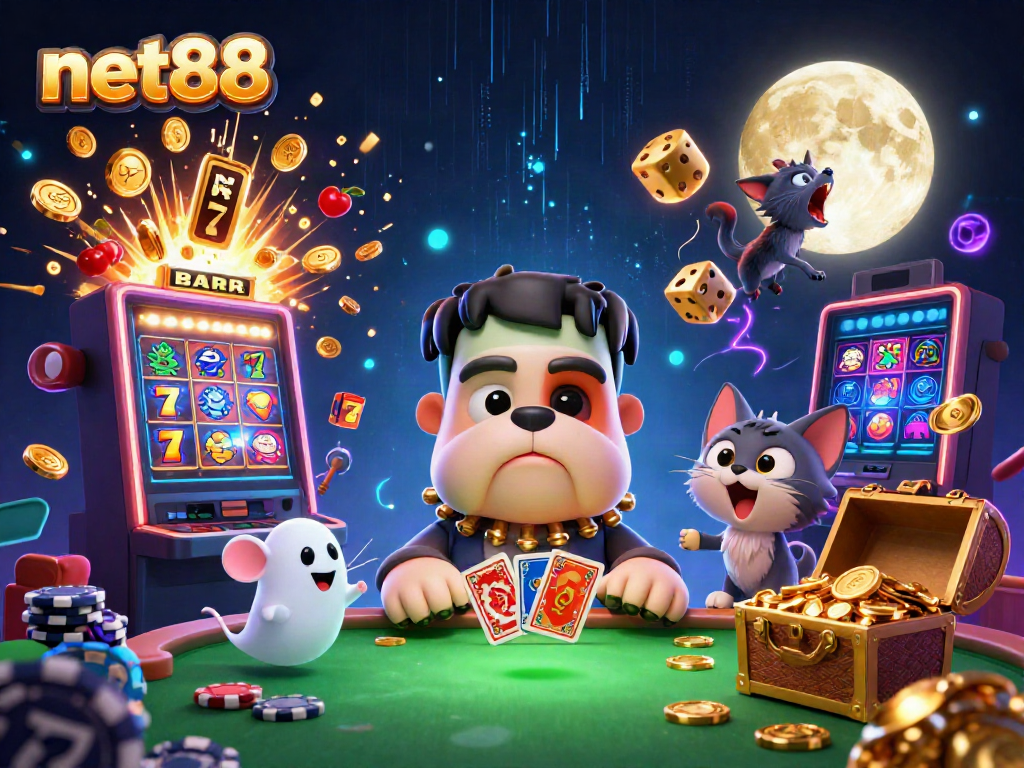 Engage with net88's exciting gaming scene featuring lively characters and vibrant casino elements.