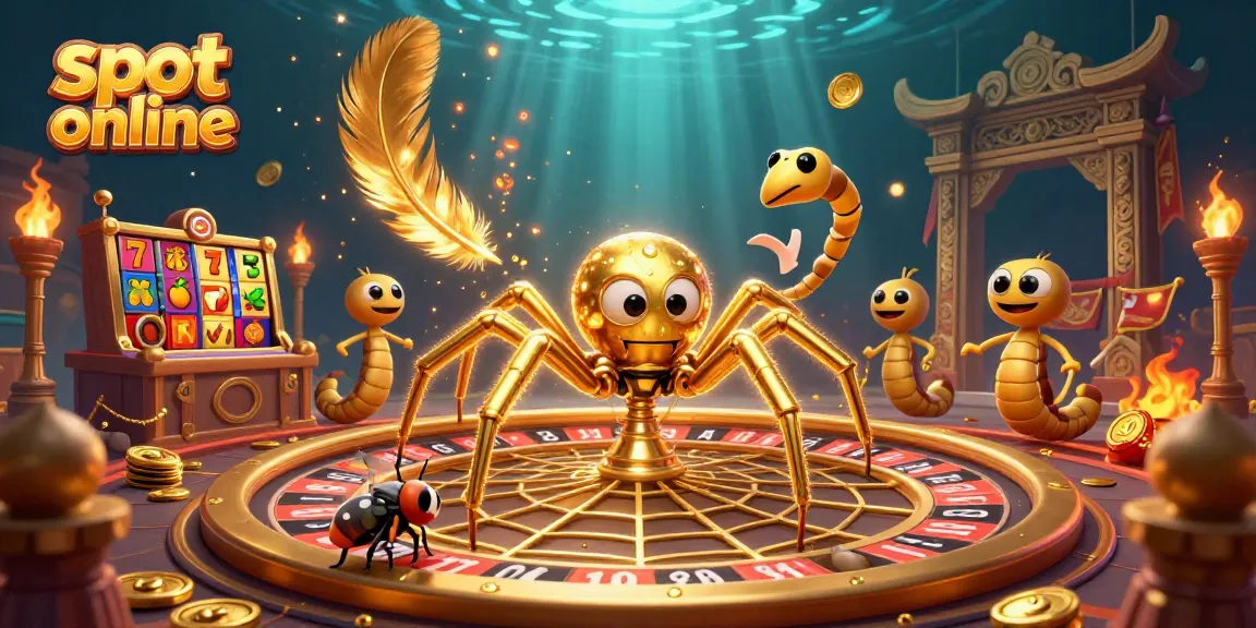 Experience thrilling slot online action with a golden spider, roulette wheel, and croupier in an exciting casino atmosphere.