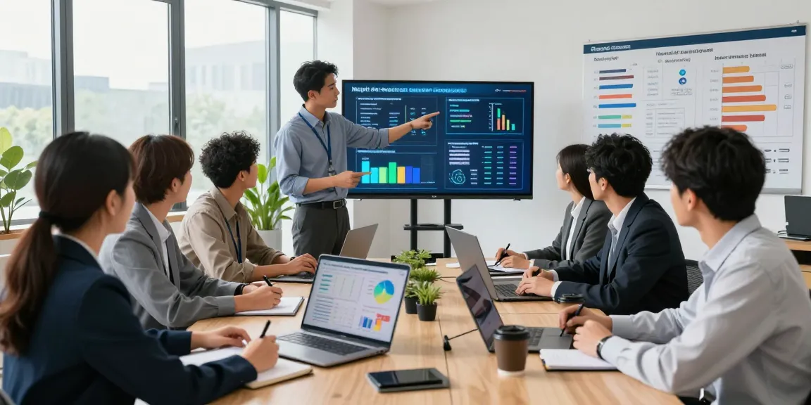 Team discussing multi-site business energy management strategies with laptops and energy dashboards in a modern office setting