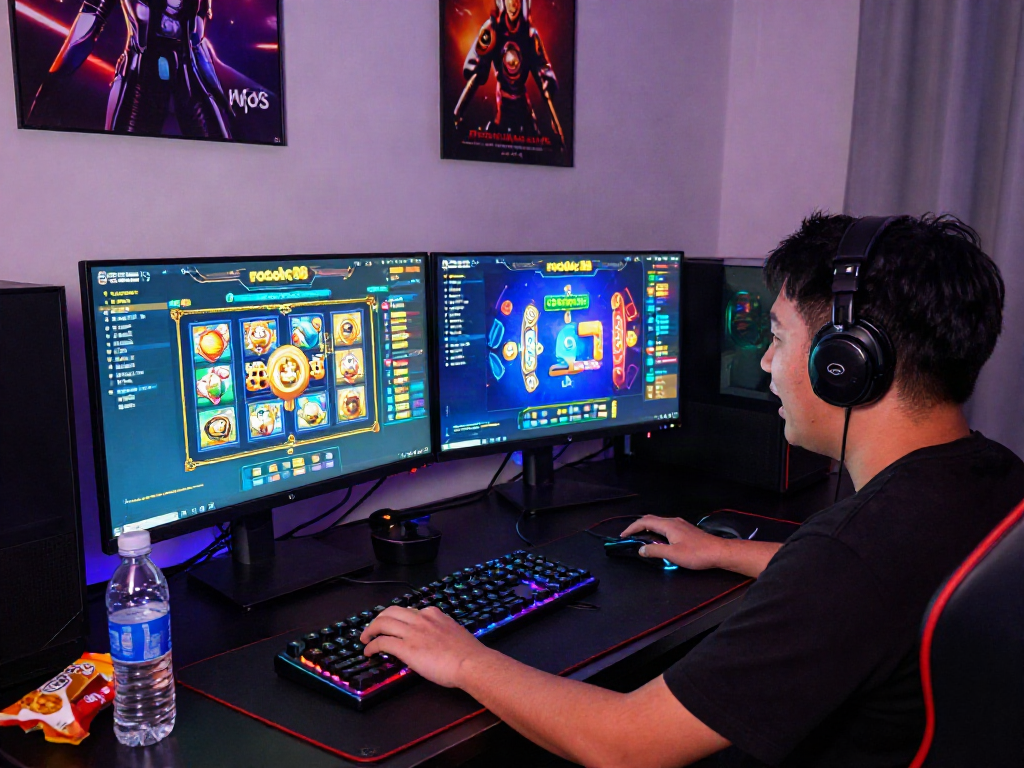 Exciting rokok88 slot login gaming experience at a vibrant desktop setup.