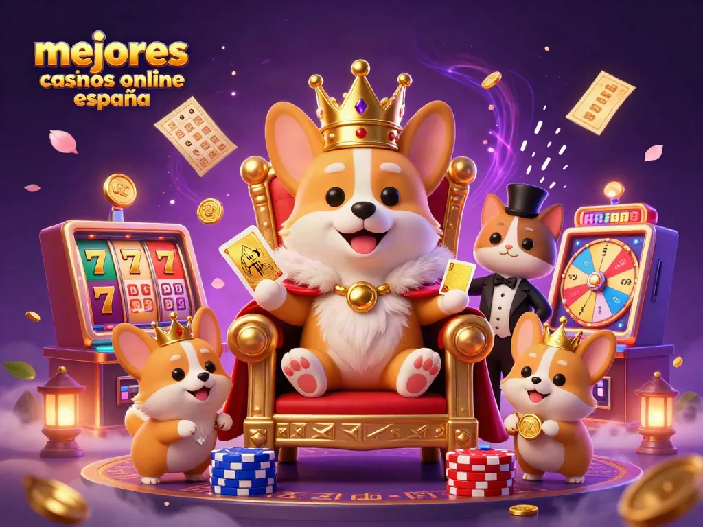 Ilustración de los mejores casinos online España con un corgi real y un mayordomo presentando cartas de oro.