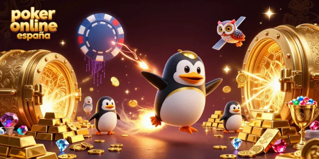 Disfruta de una escena memorable de póker online España, con un pingüino dorado en un viaje espacial hacia un casino.