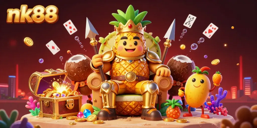 Experience the vibrant beach casino scene with the golden pineapple king and dynamic game elements in nk88.