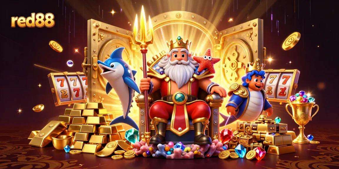 Spin the reels with red88's animated sea king and treasures in this vibrant casino scene.