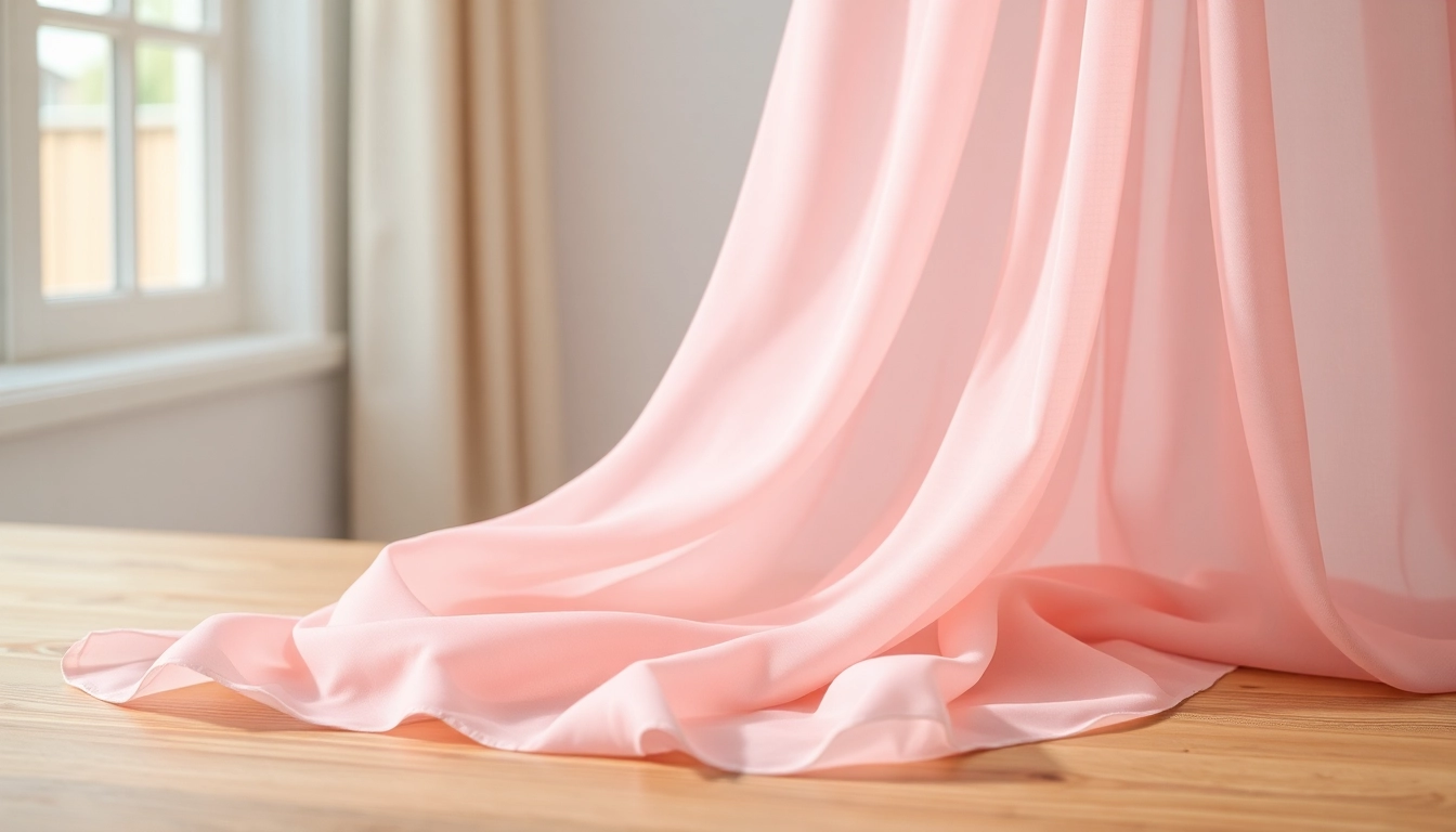 Chiffon stof met delicate plooien die elegant op een tafel ligt.