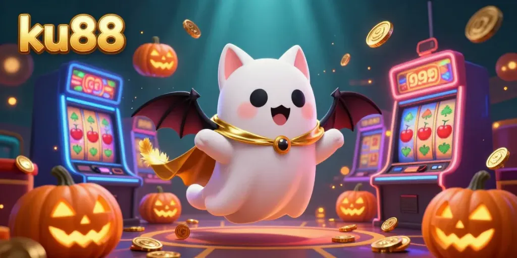 Engage with ku88's exciting casino features through a vibrant illustration of a ghost cat and bat amidst animated slot machines.