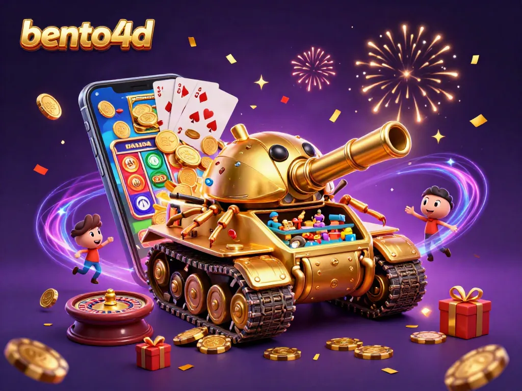 Bento4d reveals a lively miniature casino within a golden beetle tank surrounded by dynamic gambling elements.
