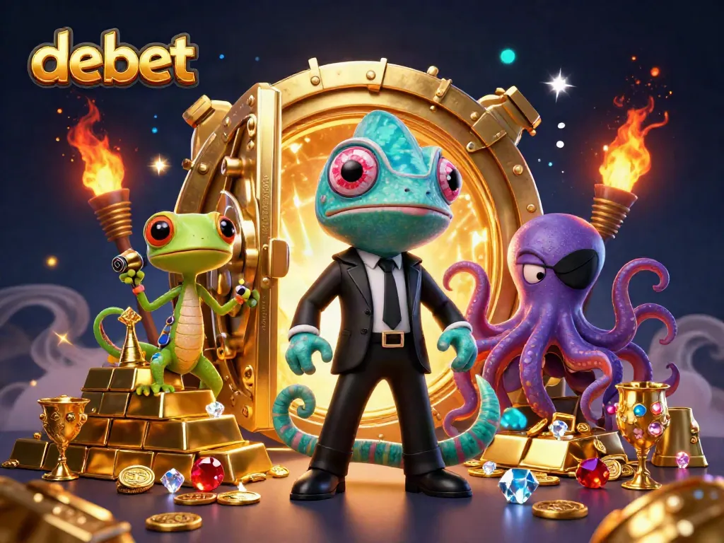 Experience thrilling gameplay at debet with a dynamic 3D illustration of casino characters and treasures.