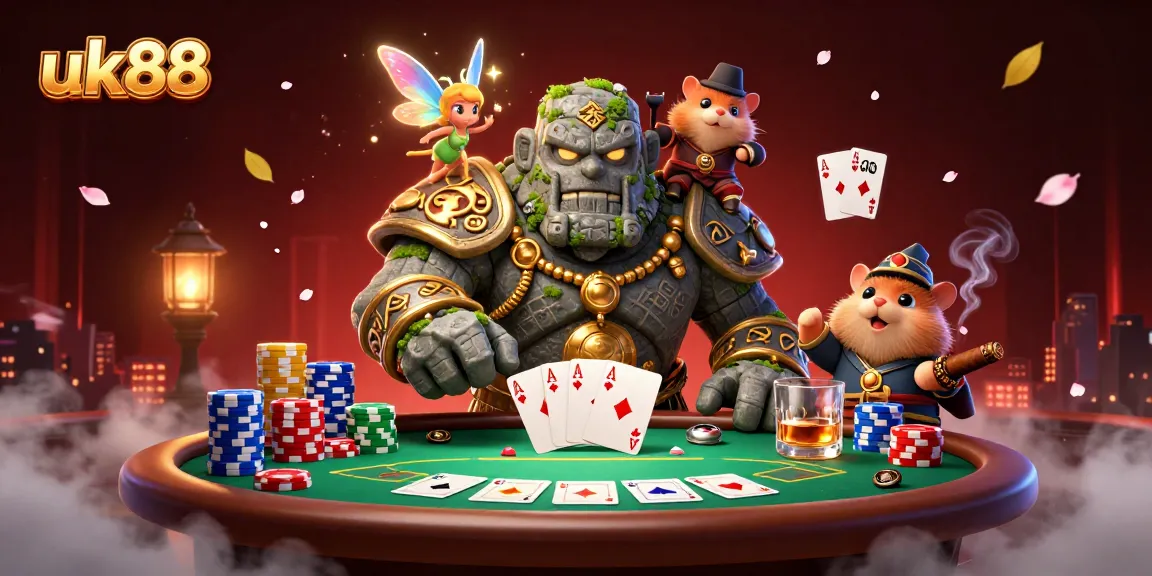 Experience thrilling uk88 gameplay with an ancient stone golem and magical fairy in a lively casino setting.