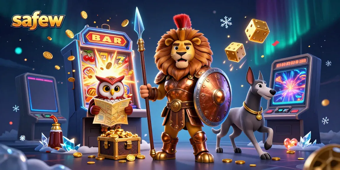 Experience safew's vibrant casino atmosphere with a Spartan lion, owl strategist, and greyhound messenger around slot machines.