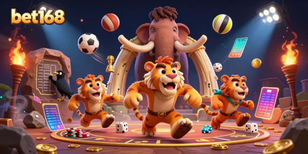 bet168 players enjoy a lively casino scene featuring cavemen, sabertooth, and sports elements.