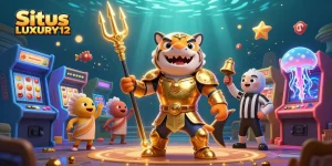 Experience the thrilling world of Situs LUXURY12 with a lively underwater scene featuring slots, jackpots, and vibrant gaming elements.