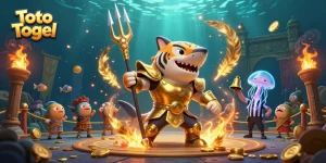 Engage with Toto Togel in a vibrant underwater scene featuring a golden gladiator shark.