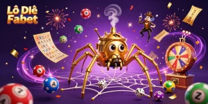 Lô Đề Fabet showcases a dynamic 3D illustration of a golden spider webbing together lottery elements and a trapped fly gentleman.