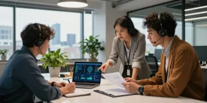 What is the best IT support company in London? Team of IT professionals collaborating in modern office environment.