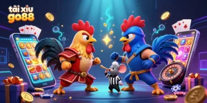 Tài xỉu go88 showcasing dynamic rooster duel with casino elements, vibrant action-packed scene.