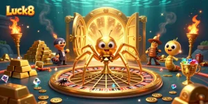 Experience excitement and winnings at Luck8 with a thrilling casino illustration featuring animated characters.