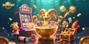 Popotogel's exciting slot experience with vibrant characters and jackpot elements, showcasing interactive gaming fun.