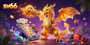 Experience thrilling gameplay at sv66 with golden coins and 3D characters in a vibrant casino setting.