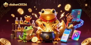 Experience the magic of dabet2026 with an alchemist creating golden coins in a casino-themed illustration.