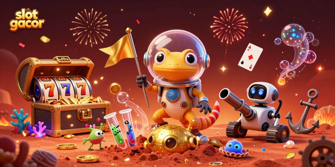 Experience the excitement of slot gacor in a vibrant 3D Martian casino scene with fun characters and treasures.