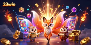 Engage with intense gaming action at 33win, featuring a vibrant nine-tailed fox and a jackpot burst of coins.