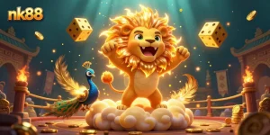 Feel the thrill of nk88 with a vibrant 3D casino scene bursting with energy and golden tokens.