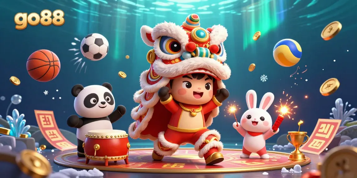 Engage with go88's thrilling casino atmosphere illustrated through a vibrant Chinese New Year celebration, showcasing games and fun.