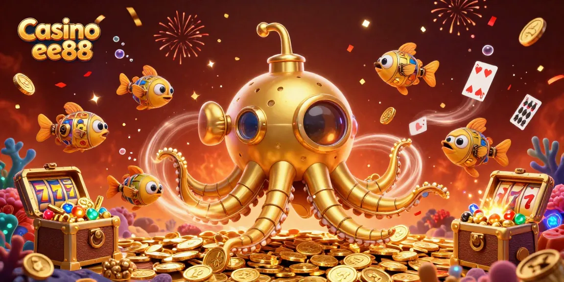 Experience excitement at Casino ee88 with a vibrant 3D scene of a kraken submarine and golden coins.